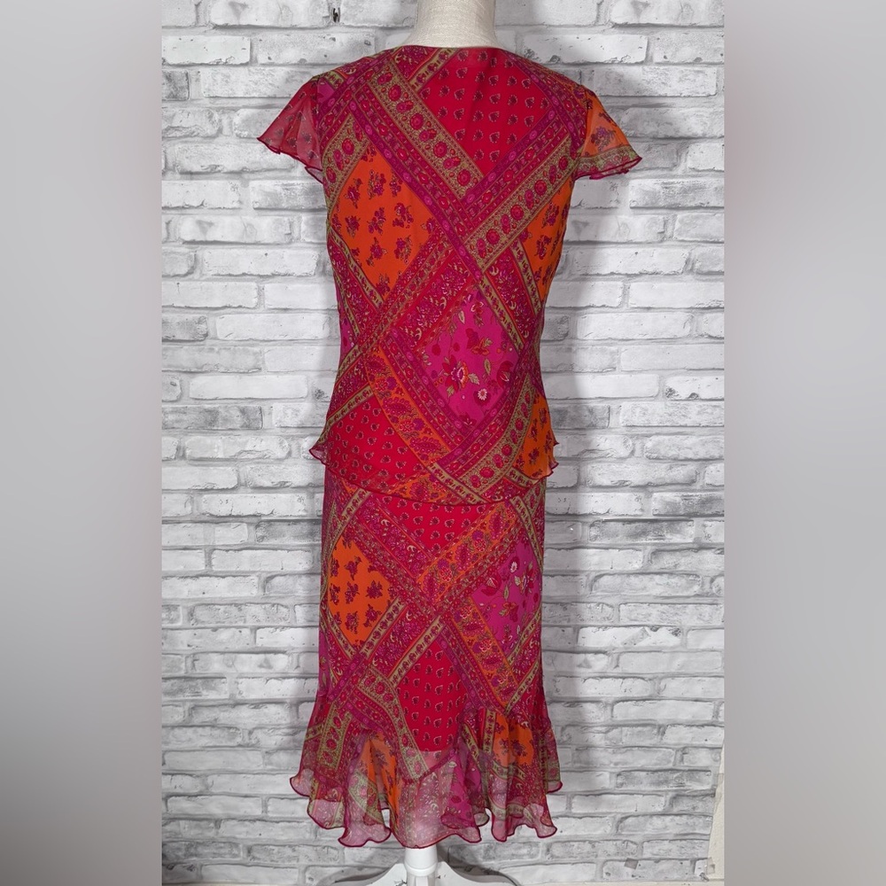 Ombre Pink Orange Sheer Patchwork Pattern Midi Sk… - image 4